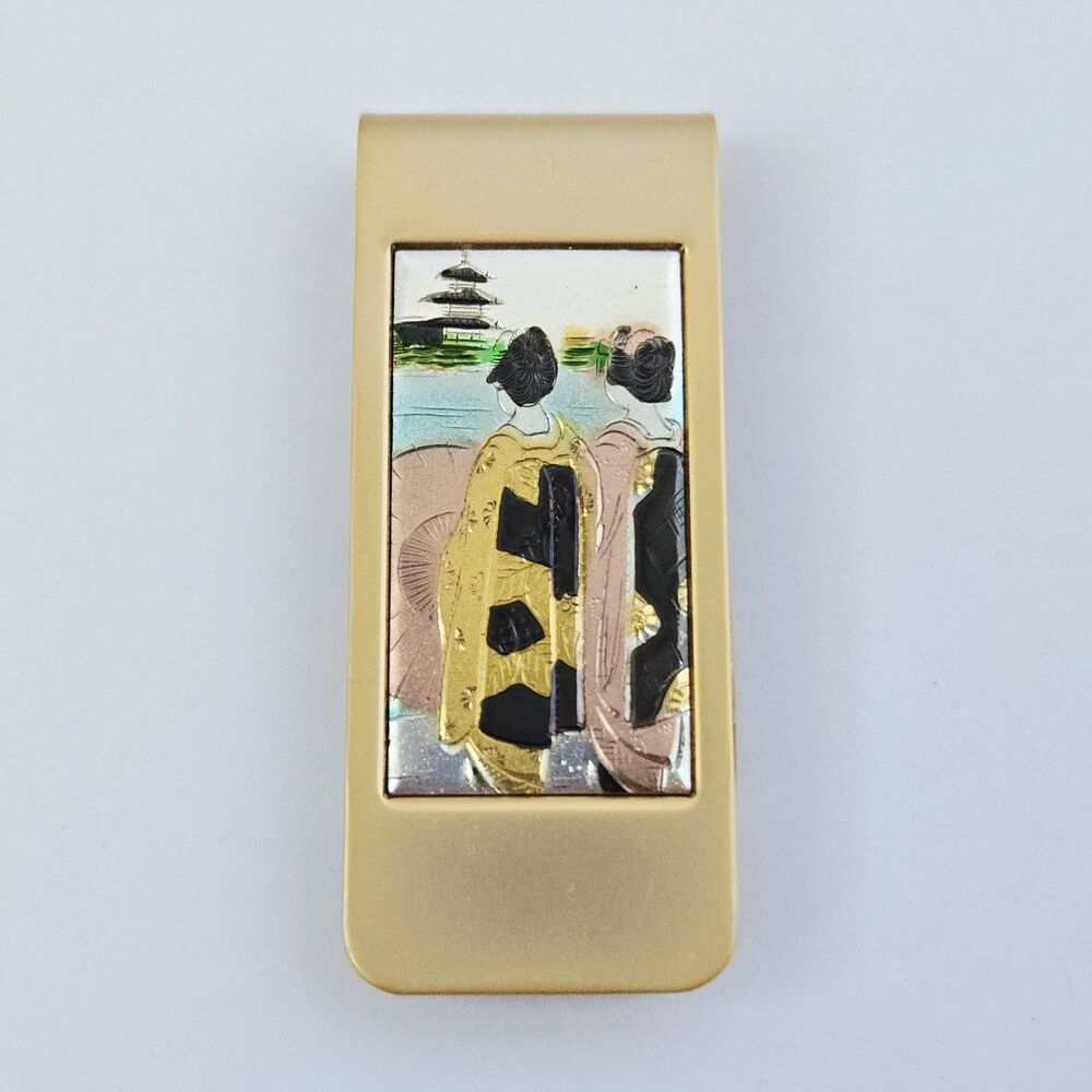Vintage Gold Tone Money Clip Japanese Geisha Pagoda Inlay Scene Japan Chokin Art